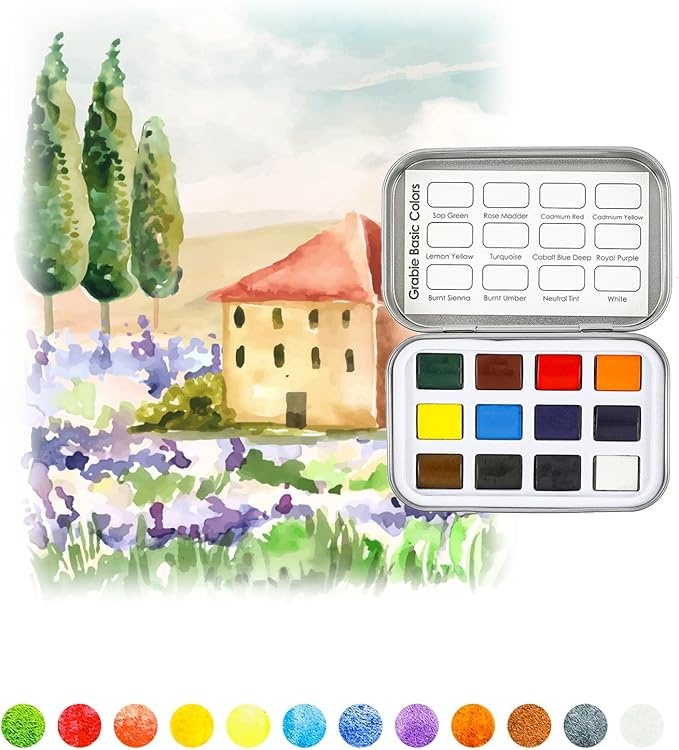 Grabie Pocket Watercolor Set of 12, Travel Watercolor Paint Set, Watercolor Paints, Art Supplies for Painting, Great Watercolor Set for Artists, Amateur Hobbyists and Painting (Essential Color)