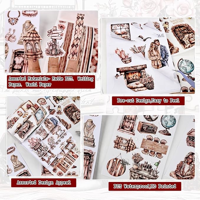 Vintage Scrapbook Stickers for Junk Journaling, 20 Sheets A5 Size Scented Wood Moment Theme Precut Sticker Book, Ephemera for Junk Journals Supplies, Scrapbooking, Scrap Book, Collage, Crafts Arts