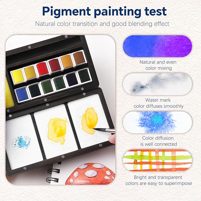 Fuumuui Watercolor Paint Set, 12 Watercolor Paints with Dual Tip Travel Watercolor Brushes Wooden Palette, Art Supplies for Painting, Travel Watercolor Set, Amateur Hobbyists