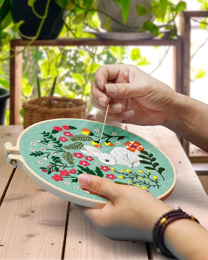 TINDTOP Embroidery Kit for Beginners Adult, Rabbit Embroidery Kit for Beginners Include Embroidery Cloth Hoops Threads for Craft Lover Hand Stitch with Embroidery Skill Techniques
