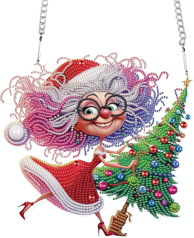 Christmas Diamond Art Pendant Kit, 5D DIY Hanging Diamond Painting for Adults, Santa Claus and Grandma with Christmas Tree, Crystal Ornament for Wall, Window, Door, Home Decor & Gift, 24.1x23.1 cm
