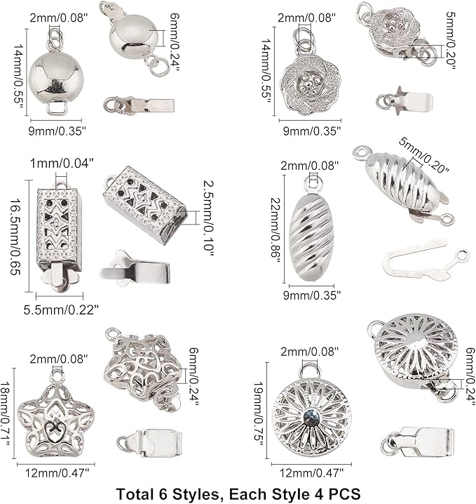 PH PandaHall 24 Sets 6 Style Filigree Box Clasps Filigree Pearl Clasps Platinum Plated Brass Single Strand Jewelry Clasps for DIY Pearl Necklace Bracelet Making