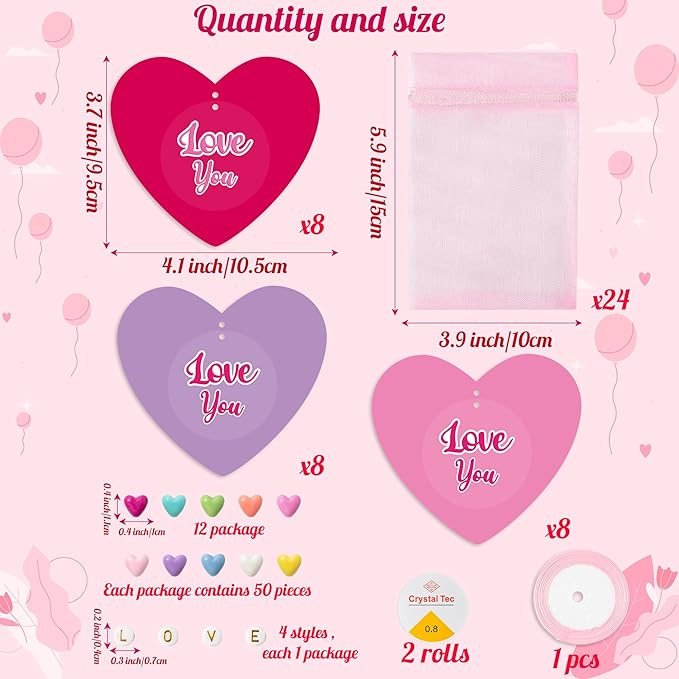 BeYumi DIY Bracelet Craft Kit - 24 Pack Mother's Day LOVE Letter Beads Bracelets with Heart Greeting Cards and Bags Thankful Craft Kit to Mother Grandma School Classroom Party Fun Activities Ages 6-12
