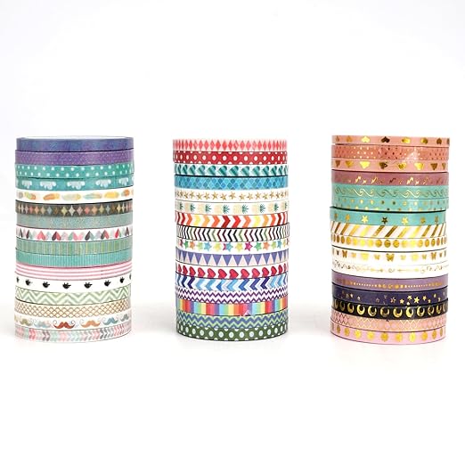 Washi Tape Set 48 Rolls Thin Washi Tape Self-Adhesive Gold Foil Patterns Tape Cute Scrapbook Paper Tape Decorative Tape for Scrapbook Journal DIY Craft Scrapbooking Journal Supplies Gift Wrapping
