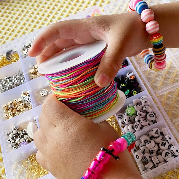 Elastic String for Bracelets, QBJAYTY 1mm Strong Elastic Stretchy String Cord for Bracelet Making, Bracelet Elastic String for Pony Kandi Letter Beads Beading, Black White Rainbow String