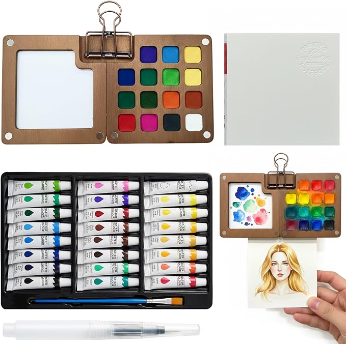 Mini Watercolor Paint Set, Travel Paint Kit, Pocket-Sized Art Supplies with 24 Colors, Paint Paper Pad, Water Brush Pens & Clips for Beginners, Adults and Outdoor Sketching