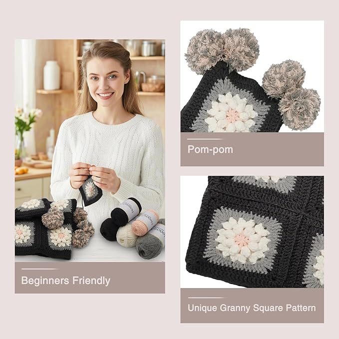 Noocro Complete Crochet Kit for Pom-Pom Granny Square Scarf Hood, DIY Yarn Kit, Detailed Instructions, Step by Step Video Tutorial, Beginner-Friendly, Intermediate Crocheter Craft Set (Pinky Ash)