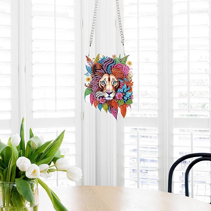 Lion Diamond Painting Hanging Pendant Kit, DIY Crystal Acrylic Sun Catcher Diamond Art for Adults, 5D Special Shaped Rhinestone Ornament for Window, Wall or Garden Decoration, Handmade Animal Gift