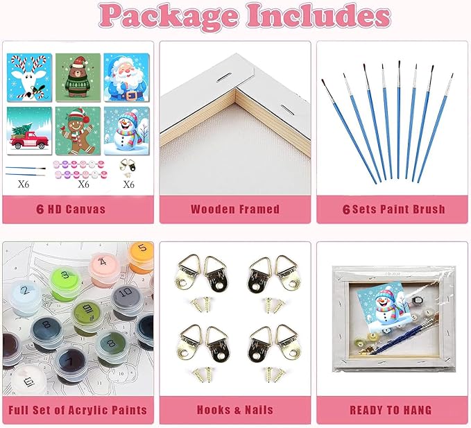 SYDYLH 6 Packs Framed Chrsitmas Paint by Numbers Kit for Kids Ages 8-12,Snowman Easy Acrylic Paint by Number Framed on Canvas,Number Painting Paint by Numbers Kit for Home Wall Decoe 8x8inch