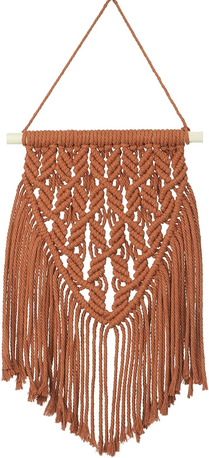 small macrame wall hanging decor boho tapestry for bedroom living room dorm nursery and office, cute aesthetic wall art for small spaces for teen girls and home decor (firebrick red, 16*10 inch)