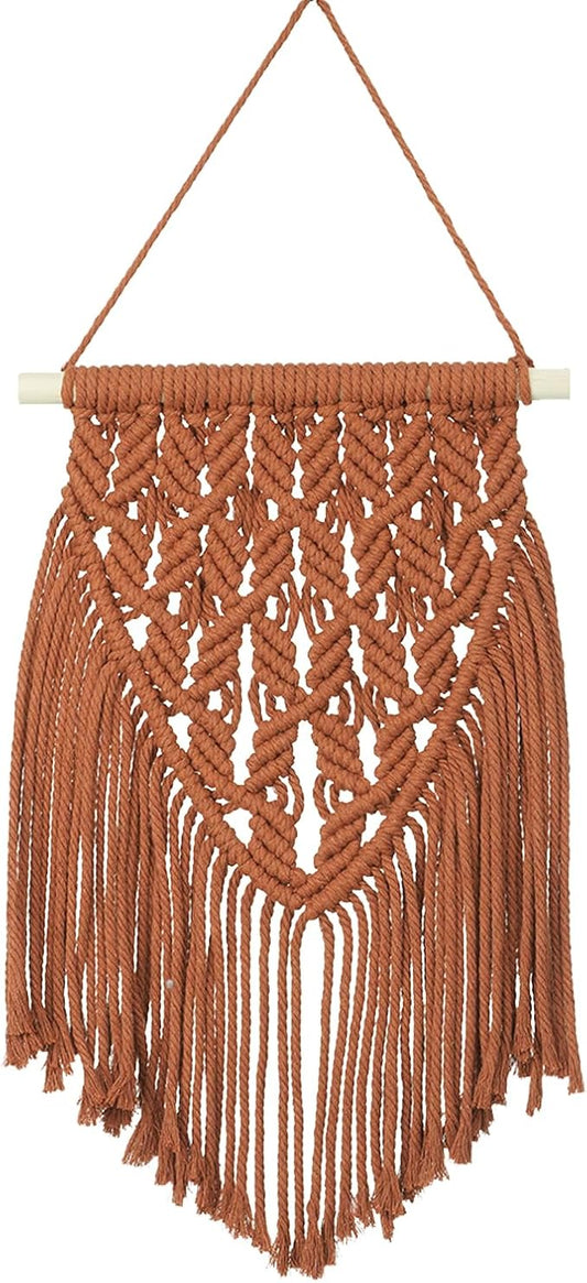 small macrame wall hanging decor boho tapestry for bedroom living room dorm nursery and office, cute aesthetic wall art for small spaces for teen girls and home decor (firebrick red, 16*10 inch)