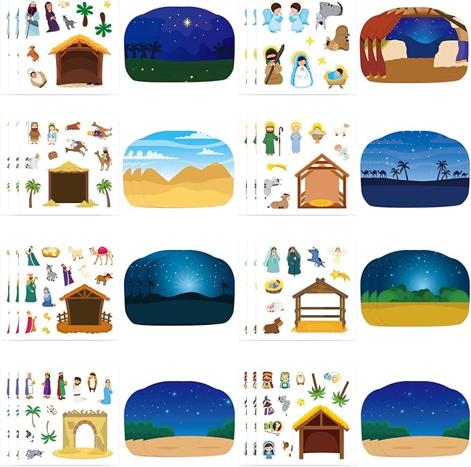 christmas nativity craft kit for kids, make a nativity scene hanging ornament sticker kit, jesus birth stickers, christian religious bible scene party favor home classroom activity(24 sets)