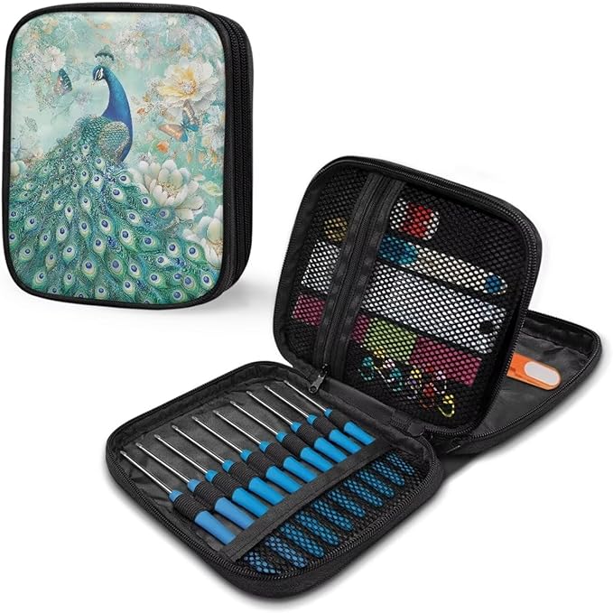 Hechitok Peacock Floral Empty Crochet Hook Case Portable Travel Crochet Storage Bag Organizer Zipper Bags with Web Pocket and Crochet Holder Slots for Crochet Knitting Accessories