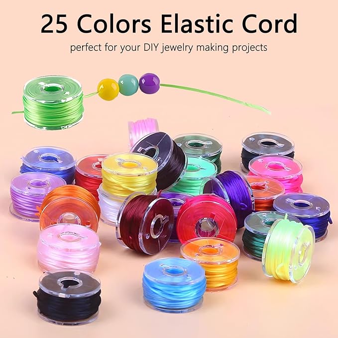25 Colors 0.8mm Elastic String Cord for Bracelets, Elastic Cord Thread with Scissors Stretchy String Kit for Jewelry Making Necklaces Beading and Crafts