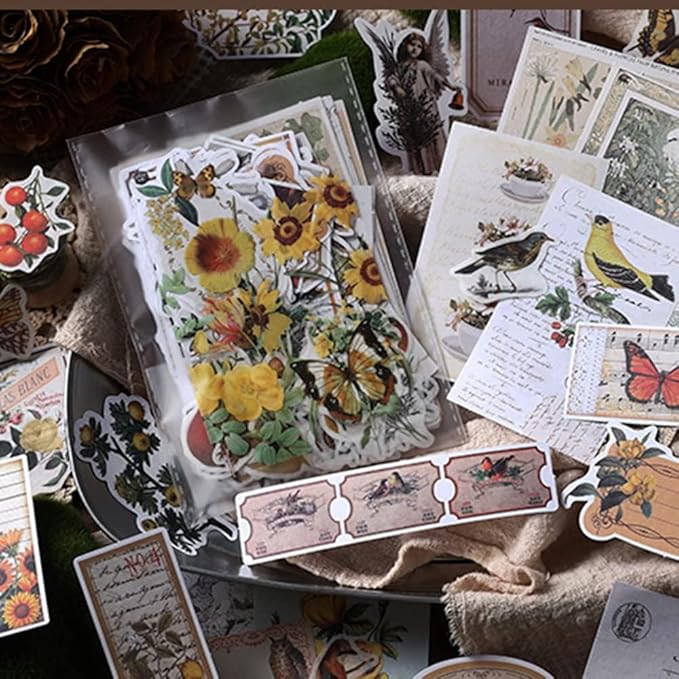 Alideco 200pcs Vintage Scrapbook Stickers Kawaii Fairy Scrapbooking Paper Washi Junk Journaling Supplies Collage Album Aesthetic Cottagecore Picture Frames(Plant Butterfly)