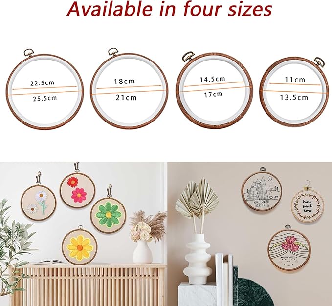 joyangy 5 pcs 5 inch embroidery hoops, round imitated wood cross stitch hoop rings for art craft sewing, circle display frame kits for embroidery handy diy ornaments decoration