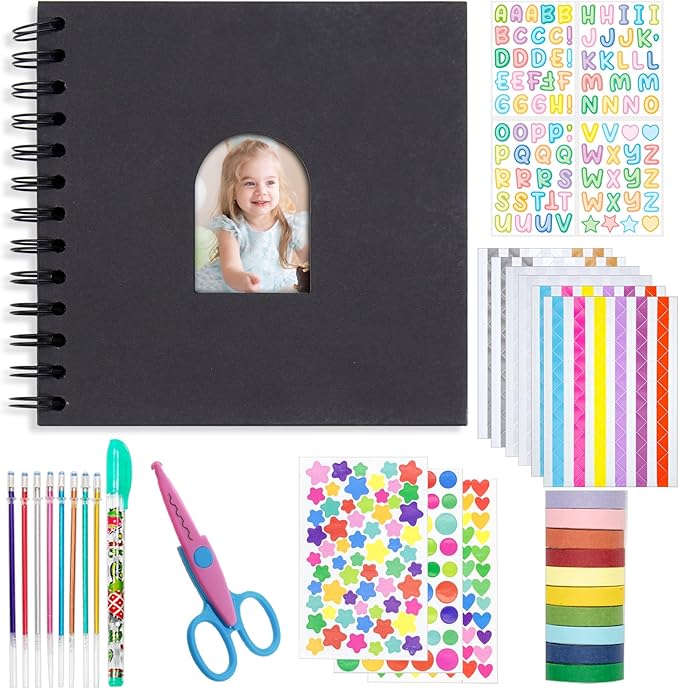Kid Scrapbook DIY Photo Album Hard Cover Scrapbook Kit for Kids Instant Camera Print Paper with DIY Accessories (Black)
