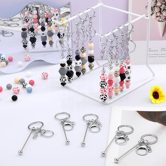 Tondiamo 24 Pcs Beadable Keychain Bars Bulk Beads for Keychain Making Kit Gifts for Women Men DIY Crafts(Silver)