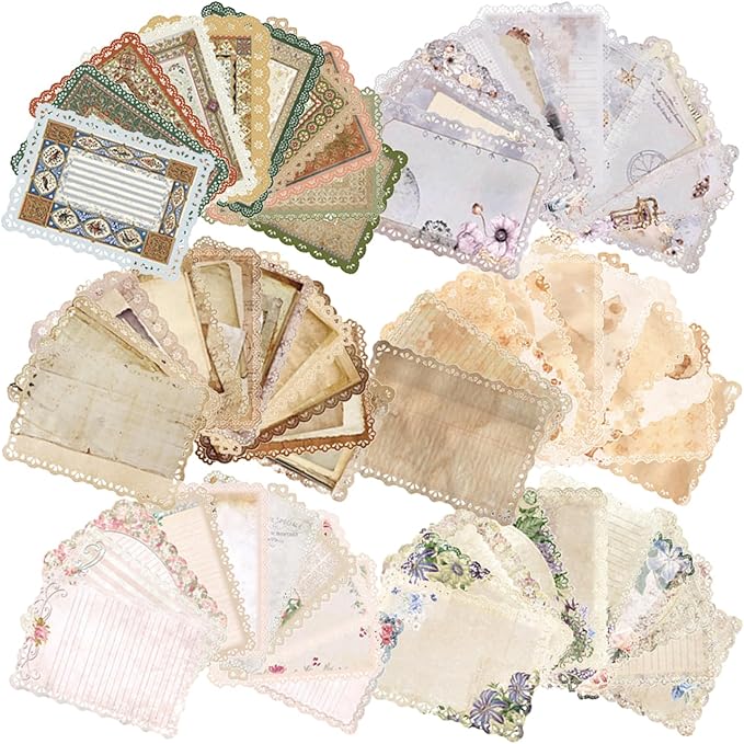 60 Sheets Lace Trim Vintage Scrapbook Stationery Paper Set,for Letter Writing,Scrapbook paper, Junk Journal Supplies, Decoupage Card Making Supplies,And Mixed Media Collage Card 4.9x6.9In