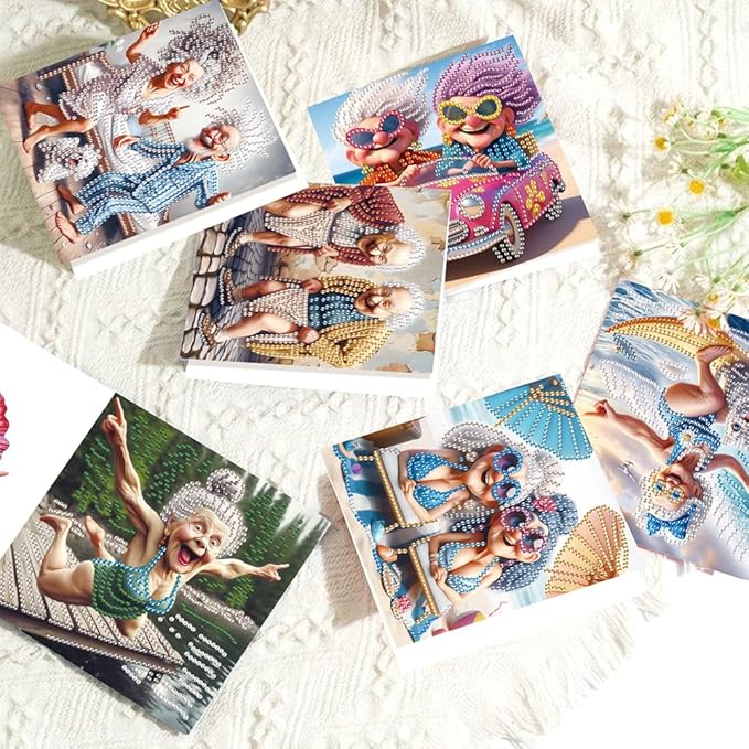6 Pack 5D DIY Diamond Painting Grandma Greeting Card Kit, Diamond Art Christmas Birthday Holiday Greeting Card, Art Crafts Kit Creative Gift with Envelope