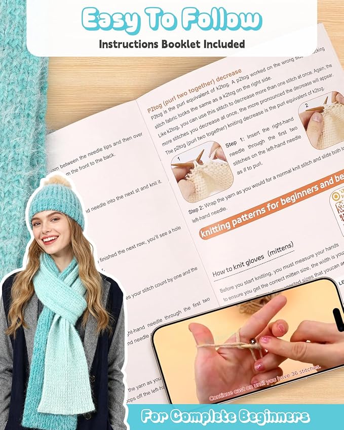 katech beginner knitting kit - learn to knit kit for adults- complete hat, scarf, gloves starter kit with step-by-step instructions(gradient)