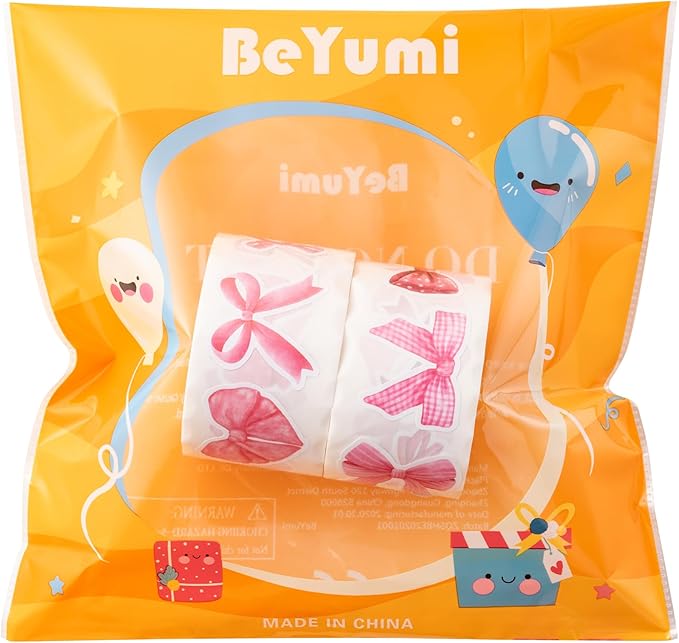 beyumi pink bows sticker roll - 1000pcs coquette pink bows stickers in 2 rolls waterproof vinyl girly aesthetic decal for gift laptop bottle scrapbooking luggage computer envelope decor for kids