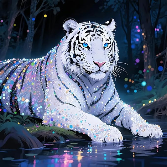 Diamond Art Kits for Adults White Tiger, DIY 5D Diamond Painting Kit for Beginners, Animal Full Round Drill Gem Art Dots for Adults, Diamond Dots Paintings Crafts Home Wall Decor 14X14 Inch
