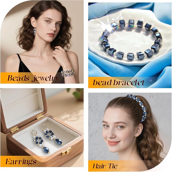 1500 Pcs Crystal Glass Beads for Jewelry Making – 12 Styles Bicone, Rondelle, Cube, Teardrop & 3mm Spacer Beads, DIY Bracelet Necklace Earring Craft Kit with Organizer Box(Vavy Blue)