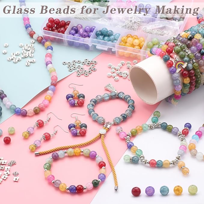 585pcs Glass Beads for Jewelry Making Kit, 8mm Imitating Natural Jade Round Beads with Spacer Beads & Accessories for DIY Bracelets Necklaces Earrings Craft Supplies