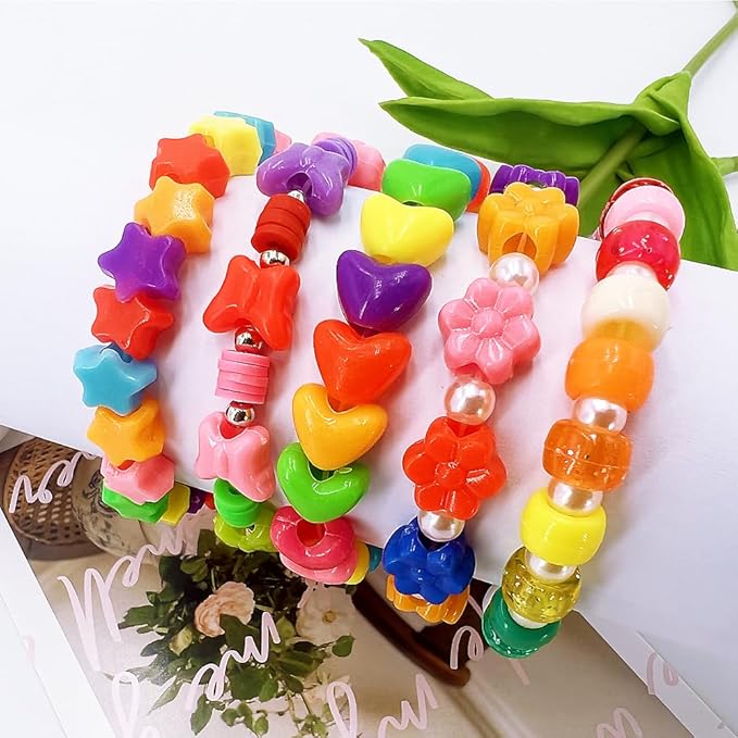MIIIM 1000Pcs 6x9mm Pony Beads Shapes in 5 Styles 21 Colors, Heart, Star, Butterfly, Flower, Assorted Kandi Beads for Friendship Bracelet, Big Hole Hair Braids Crafts, Jewelry Making (Multi-Colored)