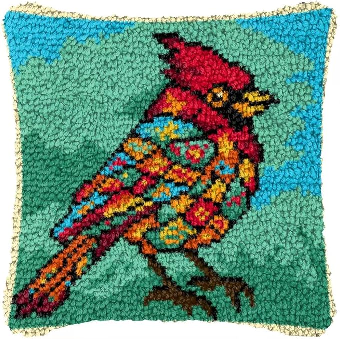 YOOLOOKY Latch Hook Pillow Kits for Adults Beginners Pre-Printed Canvas Embroidery Cushion for Home Sofa Decoration 17x17inch (Bird)