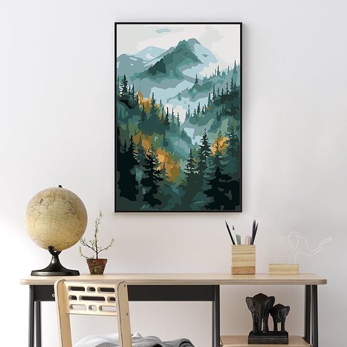 Yezavesu Framed Paint by Numbers Kit for Adults Beginner & Kids Ages 8-12, Mountain Paint by Numbers with Frame, DIY Number Painting for Adults Watercolor Forest for Home Wall Decor Gift 8X 12 inch
