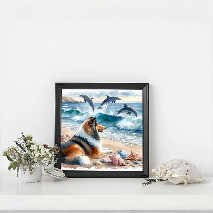 Diamond Art Kits for Adults Collie Dog, DIY 5D Diamond Painting Kit for Beginners Dolphin, Beach Full Round Drill Gem Art Dots for Adults, Diamond Dots Paintings Crafts Home Wall Decor 14X14 Inch