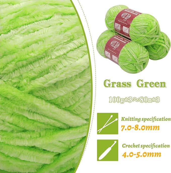 LUNARM Chenille Yarn for Crocheting Knitting, 3 Skein 263 Yard Thick Soft Chunky Fluffy Weaving Plush Yarn for Blankets Clothes Pattern Creations with Big Eye Needles (Grass Green)