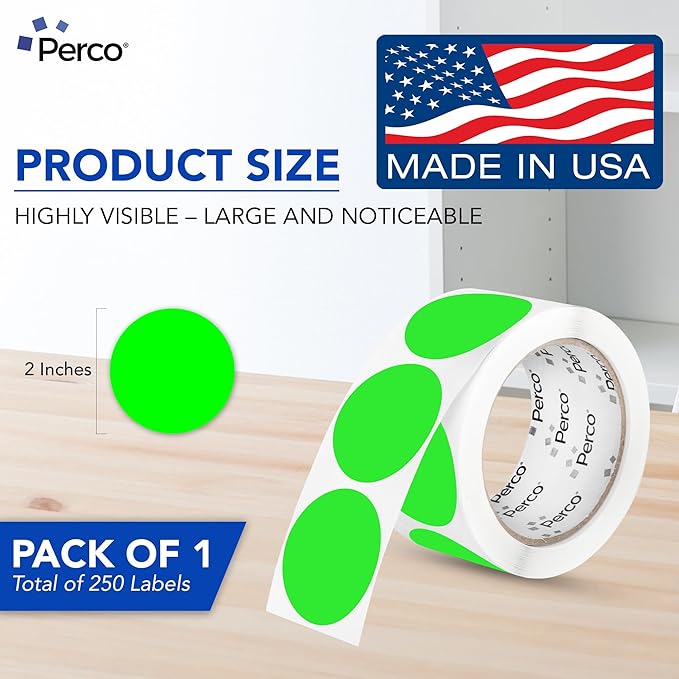 perco fluorescent green 2-inch perforated circle dot sticker labels — 250 round stickers per roll — with permanent adhesive for organizing, color coding, bin labeling, packaging alerts — made in usa