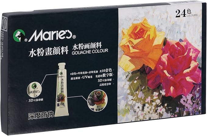 Marie's Artist Gouache Paint Sets - Highly Pigmented Gouache for Painting, Artists, Illustrators & Designers - Set of 24 Assorted Color Tubes (12mL/0.4oz)