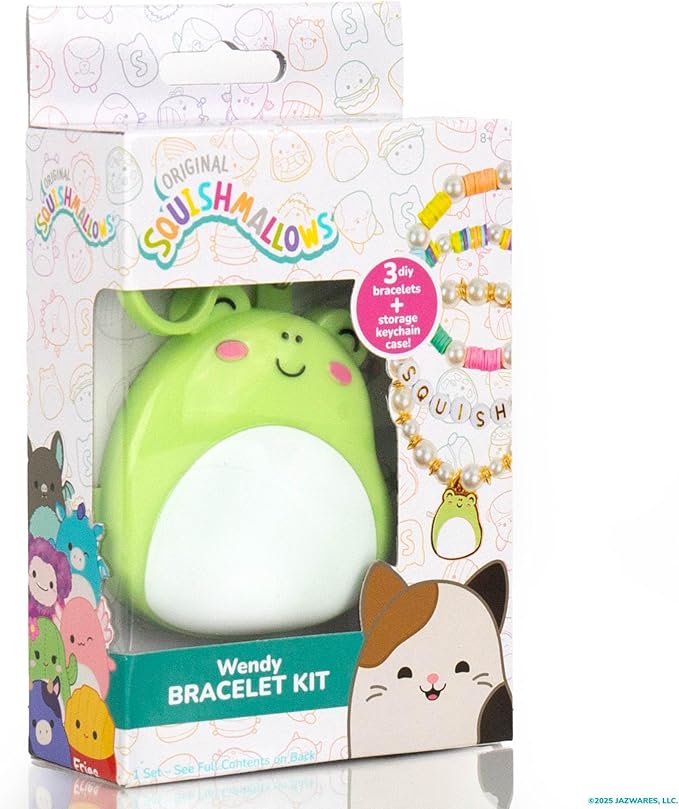 Original Squishmallows Wendy The Frog Bracelet Kit, Makes 3 Accessories, Fun Beads and Charms, Bonus Keychain, Friendship Jewelry Making Set, Gifts for Girls, Craft Kits, Arts and Crafts for Kids