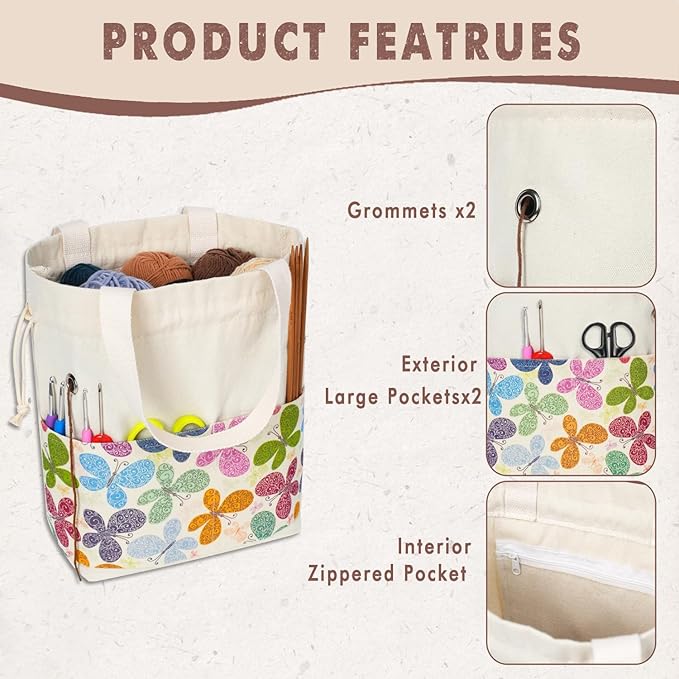 TOGETRUE Yarn Bag, Knitting Crochet Tote Bag, Yarn Storage Bags Organizer, Crochet Bags for Crocheting Project, Store Skein Ball, Short Knitting Needle (Medium,Butterfly)