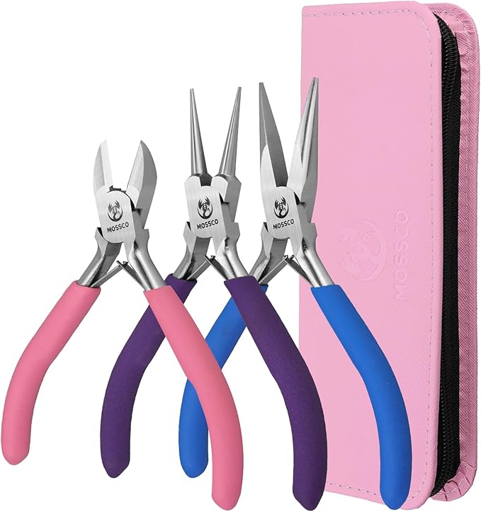 mossco jewelry pliers set, 3pcs jewelry making tools kit - round nose, needle nose and wire cutters for jewelry making, beading, wire wrapping, diy crafts and jewelry repair with carrying pouch