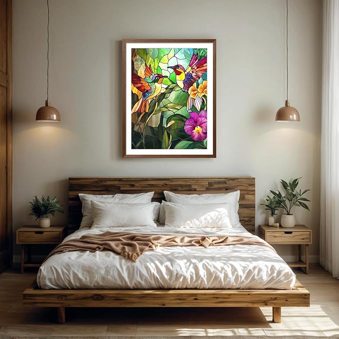 PINFFSHU Hummingbird Diamond Painting for Adults DIY Stained Glass Diamond Art Kits Round Diamond Dots 5D Full Drill Gem Art Kit Arts and Crafts for Adults Home Bird Wall Decor Gift 12x16 Inch