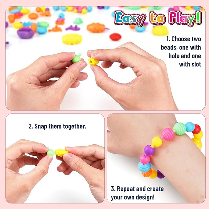 funzbo 1600 pcs pop beads with bracelet making kit, jewelry making kit for 3 4 5 6 7 8 9 year old little girls, arts and crafts necklace bracelet ring snap, birthday valentines day gifts for kids