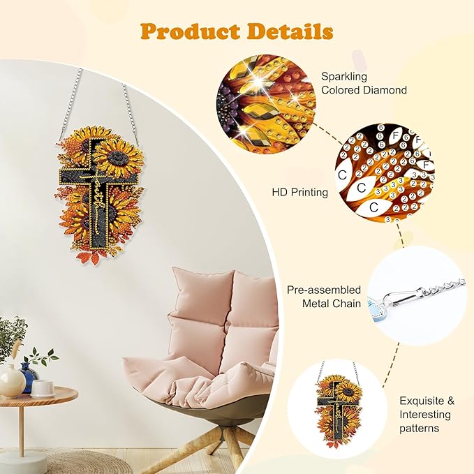 HEIBAGO Cross Diamond Art Hanging Kits for Adults, Sunflower Diamond Art Suncatchers, 5D Special Shape Diamond Painting Pendant,DIY Window Ornament Gifts for Home Garden Door Wall Decor 8.3x8.3In