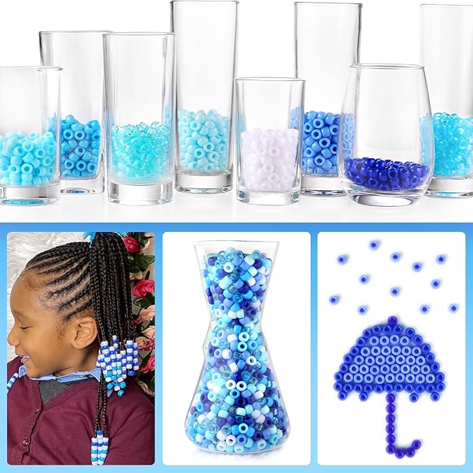 Blue and White Pony Beads, 1200Pcs 6x9mm Pony Bead Bulk and 100Pcs Square Letters, Large Hole Hair Bead for Braids for Girls Kids, Plastic Kandi Beads for Bracelets Jewelry Making DIY Crafts(8 Colors)