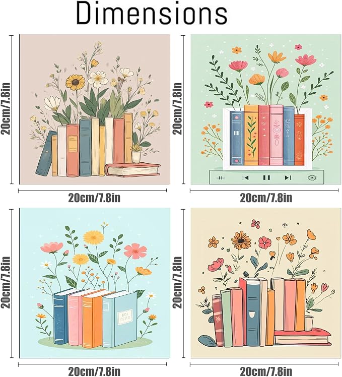 Canrichshop 4 Pcs Book Paint by Numbers Kit for Adults & Ages Over 12,Framed Books Adults' Paint-by-Number Kits, DIY Painting by Numbers for Adults Flowers for Decor Present 8X 8 in