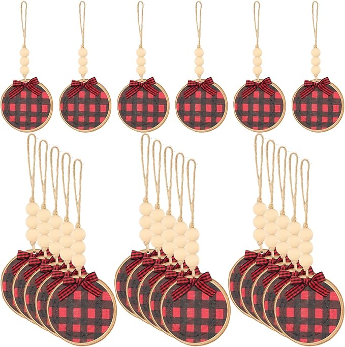 Sawysine 36 Pcs Wooden Christmas Ornament 2.8 to 3.2 Inch Craft Wooden Kit Natural Wood Slices with Round Natural Wood Beads and Buffalo Plaid Bow for Arts and Crafts Christmas Ornaments(Black, Red)