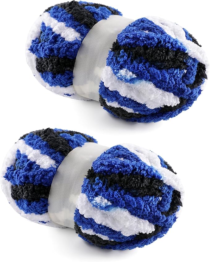 2 Pack Chunky Yarn for Hand Knitting - Chunky Chenille Blanket Yarn for Crocheting and Crochet with Jumbo Fluffy Super Bulky 25 yds 7.7 oz Each Skein (Black White Blue)