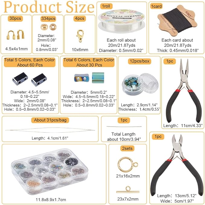 NBEADS About 480 Pcs 2-Hole Beads Kit, Metallic Colors Glass Seed Beads Kit Including Elastic Thread Pliers Cutter and About 344 Pcs Glass Seed for Jewelry Bracelet Earring Making