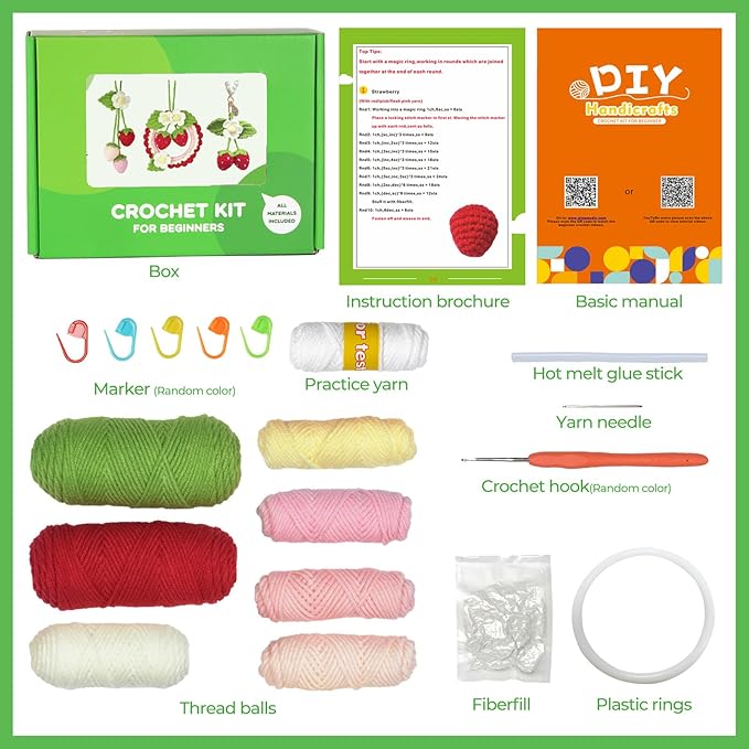 Crochet Kit for Beginners,Crochet Strawberry Ornaments,Plant Hanging Decorations with Step-by-Step Video Tutorials, 3 Pack Strawberry Decor