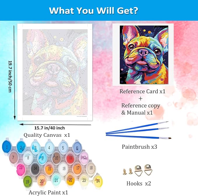 Artunion Colorful French Bulldog Paint by Numbers for Adults, Dog Animal Paint by Number Kits, DIY Oil Painting Paint by Number Kits on Canvas Arts Craft for Home Wall Decor 16x20 Inch