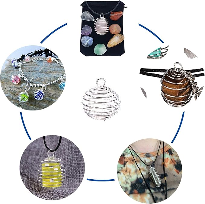 PH PandaHall Iron Crystal Holder Necklace Kit, 24pcs 3 Sizes Spiral Stone Tumbled Rock Bead Cage with 24pcs 17" Waxed Cotton Necklace Cord 50pcs Jump Rings for Lucky Charms,14/20/25mm